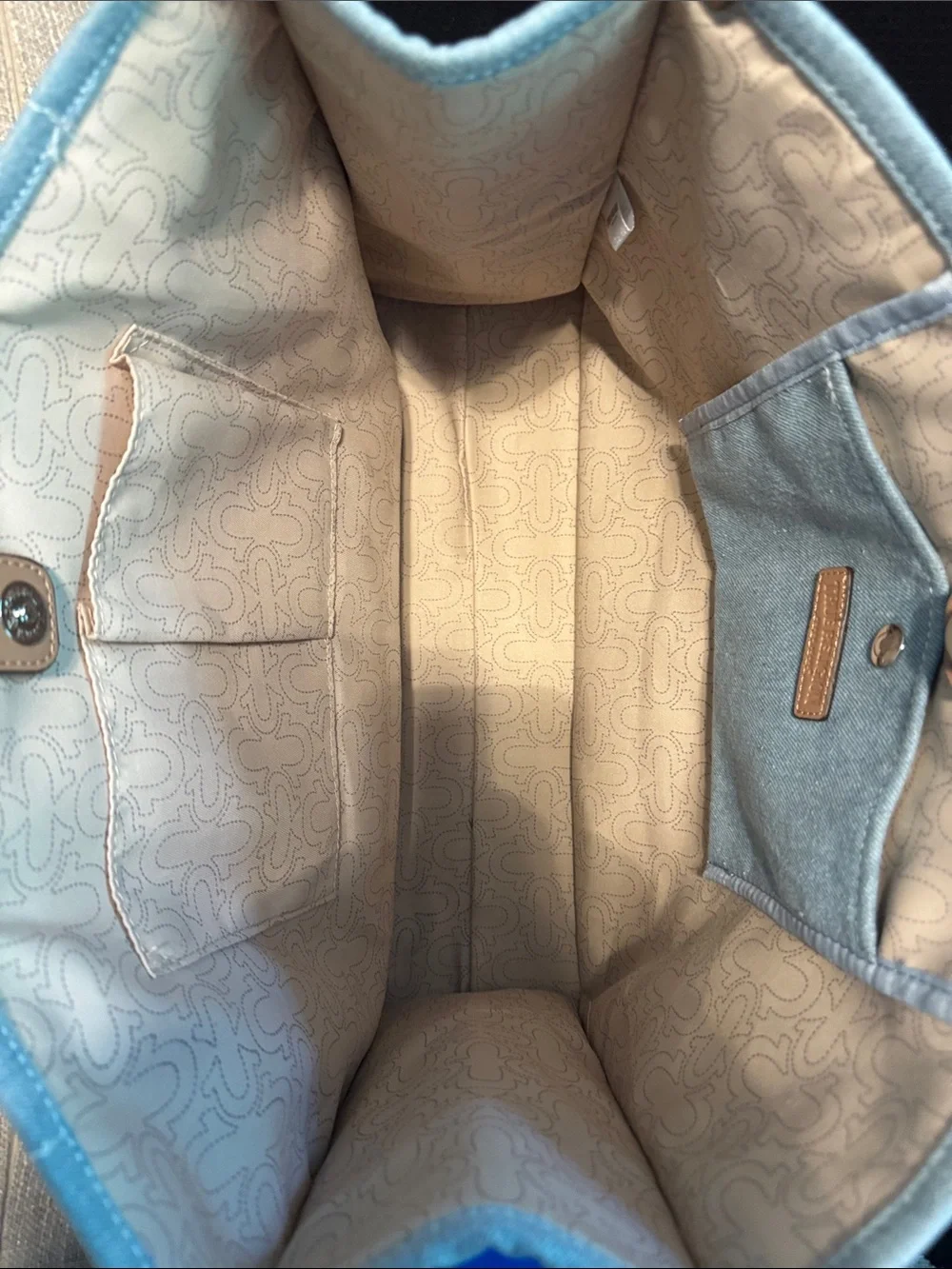 True Religion Blue Canvas Tote with Tan Leather Handles